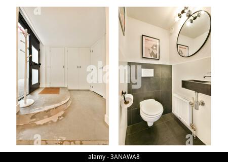 Ein stilvoller Eingangsbereich fügt sich nahtlos in ein modernes Badezimmer ein, das schlanke Linien und funktionelle Räume bietet, die eine moderne Wohnästhetik unterstreichen. Stockfoto