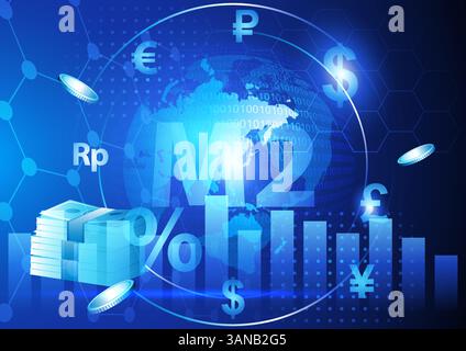 Futuristisches Finanzkonzept mit M2-Geldmenge. Global M2 misst die gesamte Geldmenge, einschließlich Bargeld, Einlagen und liquide Aktiva Stock Vektor