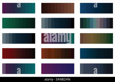 Dunkle Farbpaletten 15x10, Packungen, Entdecken Sie 15 Sets vibrierender Vektor-Farbpaletten - 10 einzigartige Farben für stilvolle Designs: Monochromatisch Stock Vektor