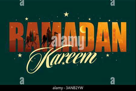 Ramadan Kareem Typografie mit Wüstentönen, Kamelen und einer entfernten Moschee. Symbolisiert Ramadan, islamische Traditionen und festliche Grüße. Ideal für Stock Vektor