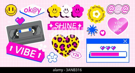 Y2K Smile Aufkleber Pack in leuchtenden Neonfarben. Pixelsymbole, positive Sätze und Symbole in Retro-Ästhetik der 90er Jahre für trendiges Design mit nostalgischem Touch. Lustige helle psychedelische Vintage-Elemente. Stock Vektor