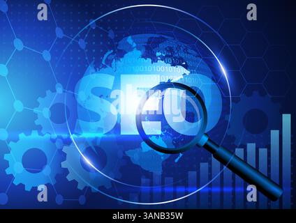 Futuristisches SEO-Konzept mit einer Lupe über digitalen Elementen, Grafiken und einem globalen Netzwerk. Themen zur Suchmaschinenoptimierung, Digital mar Stock Vektor