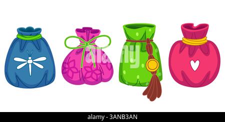 Lucky Bunte stilisierte Beutel Set - blaue Kordelzugtasche, rosa Sack gebunden Schleife, hellgrüne Tasche mit Anhänger goldenen Talisman, rote Tasche. Orientalisches, traditionelles Urlaubsaccessoire. Stock Vektor