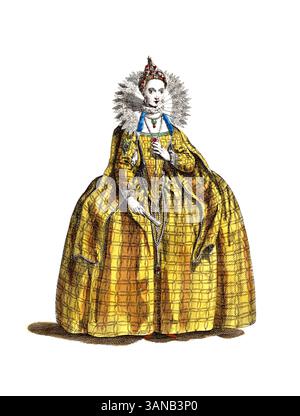 Historische Kleidung, Modegeschichte, Elizabeth I., Elizabeth I., eigentlich Elizabeth Tudor, auch die Jungfrau Königin, die Jungfrau Königin (7. September 1533 – 24. März 1603), war vom 17. November 1558 bis zu ihrem Tod, hier 1559, digital restaurierte Reproduktion eines Originals aus dem 18./19. Jahrhundert, exaktes Datum unbekannt Stockfoto