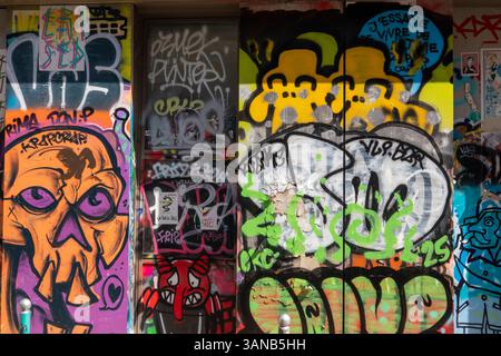 Frankreich, Paris, Belleville, Rue Denoyez, Graffiti säumen die Straße in einem überwiegend eingewanderten Viertel Stockfoto