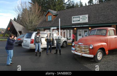 29. August 2008 - Forks, Washington, USA - DONNA LASTELLA, links, macht ein Bild eines Chevrolet-Trucks, ähnlich dem Bild, das in der Buchserie Twilight in Forks, Washington, am Sonntag, 16. November 2008 gezeigt wurde. LaStella aus Arkansas, ein Fan der Buchserie Twilight, besuchte seine Familie in Auburn, Washington. Abgebildet von links sind: DONNA LASTELLA, RACHEL ALTON aus Auburn, Washington. CARLA LASTELLA aus Auburn, COURTNEY ALTON aus Auburn und in der Mitte sind Schwester CARLA LASTELLA aus Auburn, Washington und Rachel Alton aus Aurburn, Washington. (Bild: © John Hag Stockfoto