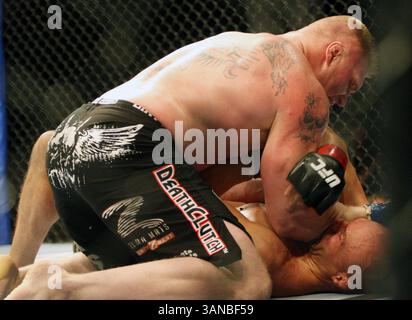 UFC-Schwergewichtsmeister RANDY COUTURE, rechts, kämpft gegen den Herausforderer BROCK LESNAR im Titelkampf am Samstag, 15. November 2008 in Las Vegas, NV. Lesnar gewann den Titel und den Kampf in 3:07 der zweiten Runde, nachdem der Schiedsrichter den Kampf beendet hatte. Stockfoto