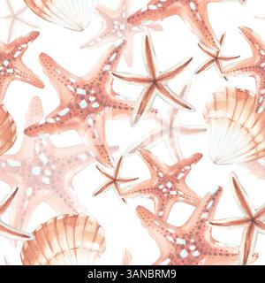 Seesterne und Muscheln nahtloses Aquarellmuster. Handgezeichnetes Ornament. Stockfoto