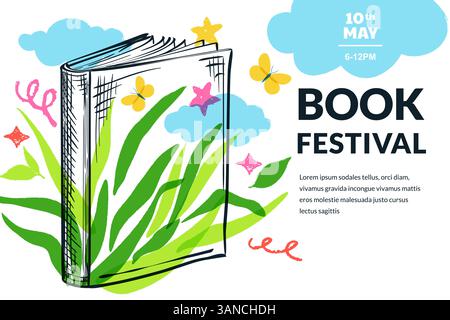 Vektor Hand gezeichnete Skizze Illustration von großem offenem Buch, wachsende grüne Pflanzen und Wolken. Bücherfestival, Bannerposter-Design-Vorlage für Buchhandlungen. Lear Stock Vektor