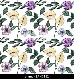 Nahtloses Aquarellmuster mit verschiedenen Wildblumen. Niedliches Blumenmuster, perfekt für Textildesign. Niedlicher Hintergrund für Stoff, Textil, Tapeten Stockfoto