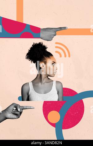 Pop-Trend-Collage der Person über pastellfarbenen Hintergrund mit Geometriebildern Stockfoto