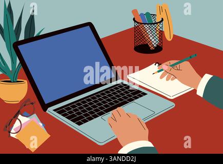 Hände arbeiten am Laptop, am Schreibtisch Stock Vektor