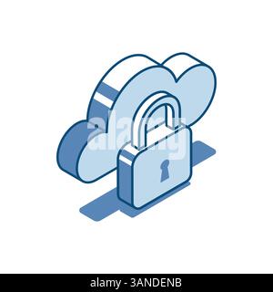 Isometrische Vektorwolke und lineares Sperrsymbol, in Farbe auf weißem Hintergrund, sichern Wolkendaten Stock Vektor