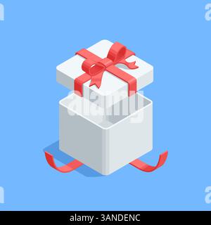 Isometrischer Vektor offene Box mit Schleife, in Farbe auf weißem Hintergrund, Überraschung oder Geschenk Stock Vektor