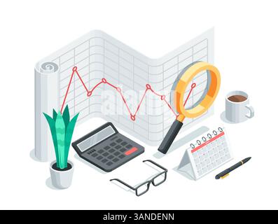 Isometrisches Vektorkonzept aus Liniendiagramm und Lupe mit Taschenrechner, in Farbe auf weißem Hintergrund, Geschäftsanalyse und Finanzstatistik Stock Vektor