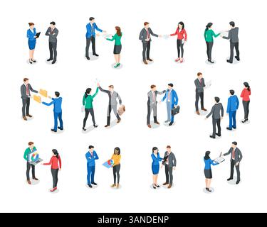 Isometrischer Vektorsatz von Geschäftsleuten in verschiedenen Arbeitssituationen, in Farbe auf weißem Hintergrund, im Büro oder in Arbeitsbeziehungen Stock Vektor