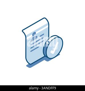 Isometrisches Vektorblatt aus Papier und lineares Häkchen-Symbol in Farbe auf weißem Hintergrund, persönliches Bewerbungsformular oder Genehmigung des Bewerbers Stock Vektor