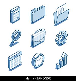 Isometrischer Vektorsatz von linearen Symbolen von Ordnern mit Aktenkoffer und auch mit einer Uhr und einem Taschenrechner, in Farbe auf weißem Hintergrund, Business und Stock Vektor