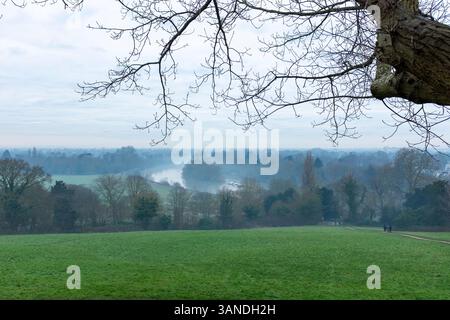 Blick auf die Themse an nebelbewölktem Tag, Richmond upon Thames, London, Großbritannien Stockfoto