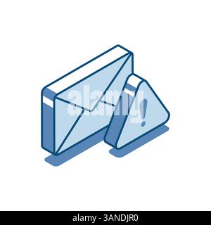Isometrisches Vektorumschlag lineares Symbol mit Ausrufezeichen in einem Dreieck, in Farbe auf weißem Hintergrund, digitale Virensicherheit oder Hackschutz Stock Vektor