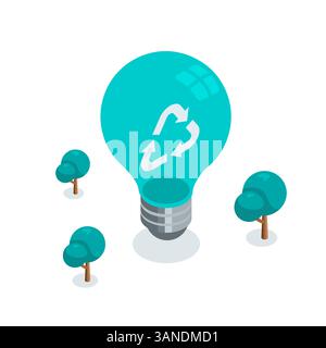 Isometrische Vektorlampe mit Recycling-Symbol, in Farbe auf weißem Hintergrund, grüner Energie oder umweltfreundlicher Elektrizität Stock Vektor