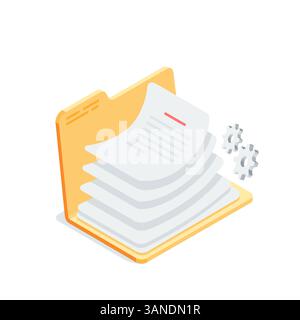 Isometrischer Vektor geöffneter Ordner mit einem Stapel von Dokumenten, in Farbe auf weißem Hintergrund, Papierordner oder Papiermaterial Stock Vektor