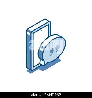 Isometrische Vektortextblase lineares Symbol mit Anführungszeichen auf dem Bildschirm eines Smartphones, in Farbe auf weißem Hintergrund, Zitat oder Textnachricht Stock Vektor