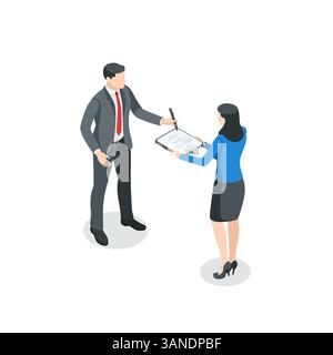 Ein isometrischer Vektor-Geschäftsmann signiert ein Dokument, das ihm eine Frau in Farbe auf weißem Hintergrund gibt, eine Arbeitsbeziehung oder ein Dokument zur Unterschrift Stock Vektor