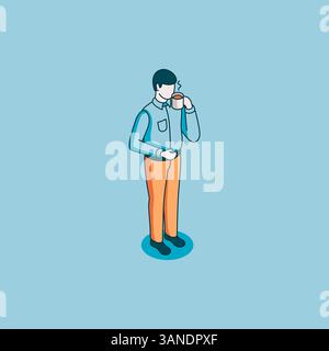 Isometrischer Vektormann, der mit einer Tasse Kaffee im linearen Symbolstil steht, in Farbe auf blauem Hintergrund, Menschen und Lebensmittel-Infrastruktur Stock Vektor