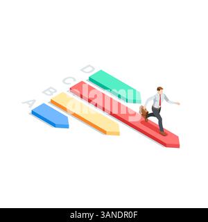 Geschäftsmann mit isometrischem Vektor, der auf dem Pfeil des Diagramms läuft, in Farbe auf weißem Hintergrund, Leader oder Sieg in der Herausforderung Stock Vektor