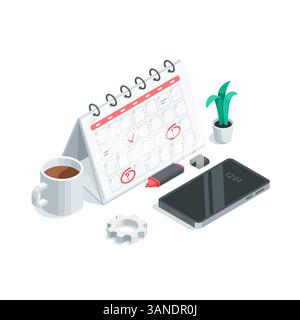 Isometrischer Vektorkalender und Smartphone sowie ein Marker und eine Tasse Kaffee, in Farbe auf weißem Hintergrund, Geschäftsplanung oder effektives Management Stock Vektor