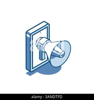 Isometrischer Vektorlautsprecher auf dem Smartphone-Bildschirm, lineares Symbol, in Farbe auf weißem Hintergrund, Marketing oder Attraktion Stock Vektor