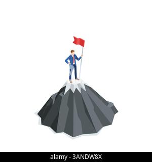 Isometrischer Vektor-Geschäftsmann mit schwenkender Flagge auf dem Berg, in Farbe auf weißem Hintergrund, Ziel oder Erfolg erreicht Stock Vektor