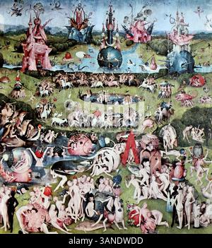 Zentraltafel des Triptychons der Garten der irdischen Freuden, Werk des niederländischen Malers Hieronymus Bosch, digitale Reproduktion eines Originals aus dem 19. Jahrhundert, historisch Stockfoto