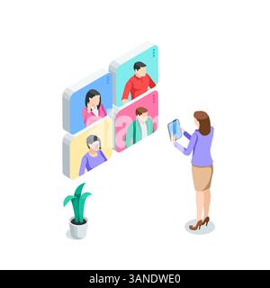 Geschäftsfrau mit isometrischem Vektor, die per Ferngespräch mit Kollegen in Farbe auf weißem Hintergrund spricht, Remote-Arbeit über das Internet Stock Vektor