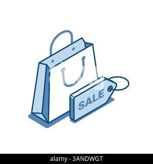 Isometrischer Vektor Einkaufstasche und Preisanhänger lineares Symbol, in Farbe auf weißem Hintergrund, Shopping und Verkauf Stock Vektor