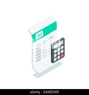 Isometrisches Vektordokument in Form einer XLS-Tabelle und eines Rechners, in Farbe auf weißem Hintergrund, mit Tabellendaten oder mit Buchhaltung Stock Vektor
