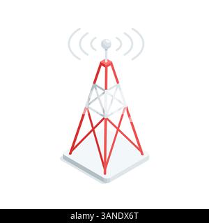 Symbol des isometrischen Vektors des Funkturms, das ein Signal in Farbe auf weißem Hintergrund aussendet, Fernsehradio oder Internet- und Mobilfunksignal Stock Vektor