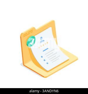 Isometrischer Vektor geöffneter Ordner mit einem Bewerbungsformular, farbig auf weißem Hintergrund, genehmigter Kandidat für einen Job oder eine persönliche Datei Stock Vektor