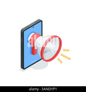 Isometrischer Vektorlautsprecher auf dem Smartphone-Bildschirm, in Farbe auf weißem Hintergrund, Marketing oder Attraktion Stock Vektor