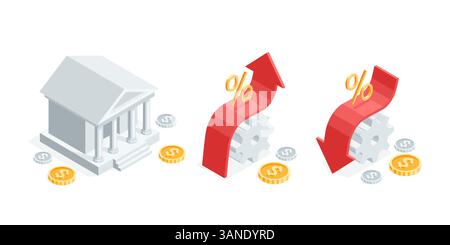 Isometrische Vektorbank und Pfeile nach oben und unten mit Zahnrädern und Münzen, in Farbe auf weißem Hintergrund, Bankensystem oder Anstieg und Abfall von Währungskursen Stock Vektor