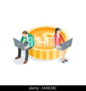 Isometrischer Vektor Geschäftsmann und -Frau arbeiten auf Laptops, während sie auf einer Dollarmünze sitzen, in Farbe auf weißem Hintergrund, arbeiten mit Finanzen oder gem Stock Vektor