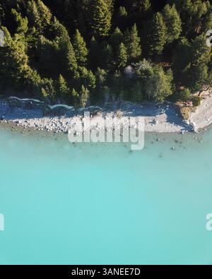 Blick aus der Vogelperspektive auf immergrüne Bäume und türkisblaues Gletscherwasser am Rande des Lake Pukaki, Südinsel, Neuseeland Stockfoto