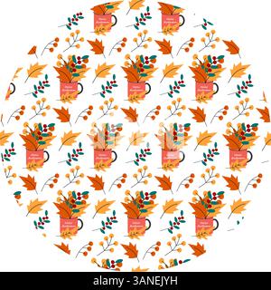Herbstblätter und Zweige in Teetasse mit Schriftzug „Hello Autumn Circular Pattern“ in trendigem Herbstton. Isolierte Vektor-Illustration Hintergrund Thematische Grußkarten, Faltblatt, Etikett oder Web-Werbebanner Stock Vektor