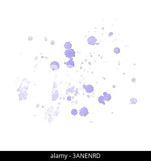 Abstrakte Aquarellspritzer, Tropfen und Flecken in Flieder. Handgezeichnete helle und dunkelviolette Spritzer-Farbe. Chaotische Flecken Designelement von hinten isoliert Stockfoto
