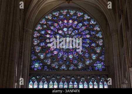 Paris, Frankreich - 22. Februar 2025 : Notre-Dame de Paris, neu eröffnete Kathedrale, restauriert nach dem Wiederaufbau, Details der Außenansicht Stockfoto
