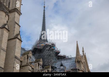Paris, Frankreich - 22. Februar 2025 : Notre-Dame de Paris, neu eröffnete Kathedrale, restauriert nach dem Wiederaufbau, Details der Außenansicht Stockfoto