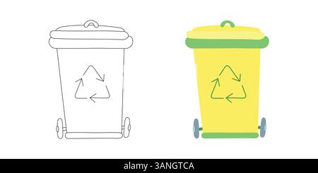 Gelber Recyclingbehälter mit grünem Deckel und grünen Rädern, umweltfreundliches Symbol für nachhaltige Abfallsammlung, Müllsortierung und Umweltbewusstsein in der Stadt Stock Vektor