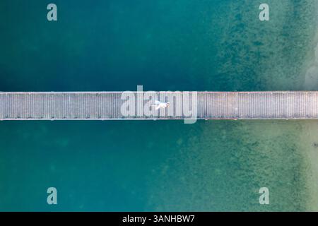 Luftaufnahme einer Frau auf der Brücke am Henschotermeer in Woudenberg, Niederlande. Stockfoto