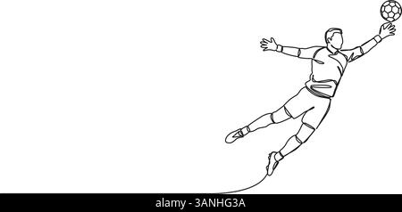 Durchgehende Einzelzeilenzeichnung des Fußballtorhüters, der zum Ball springt, Linie Art Vektor Illustration Stock Vektor